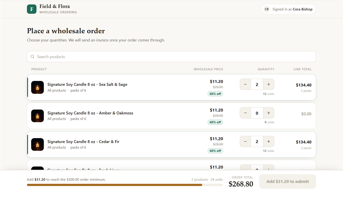 A Casewell wholesale order form on a Shopify storefront
